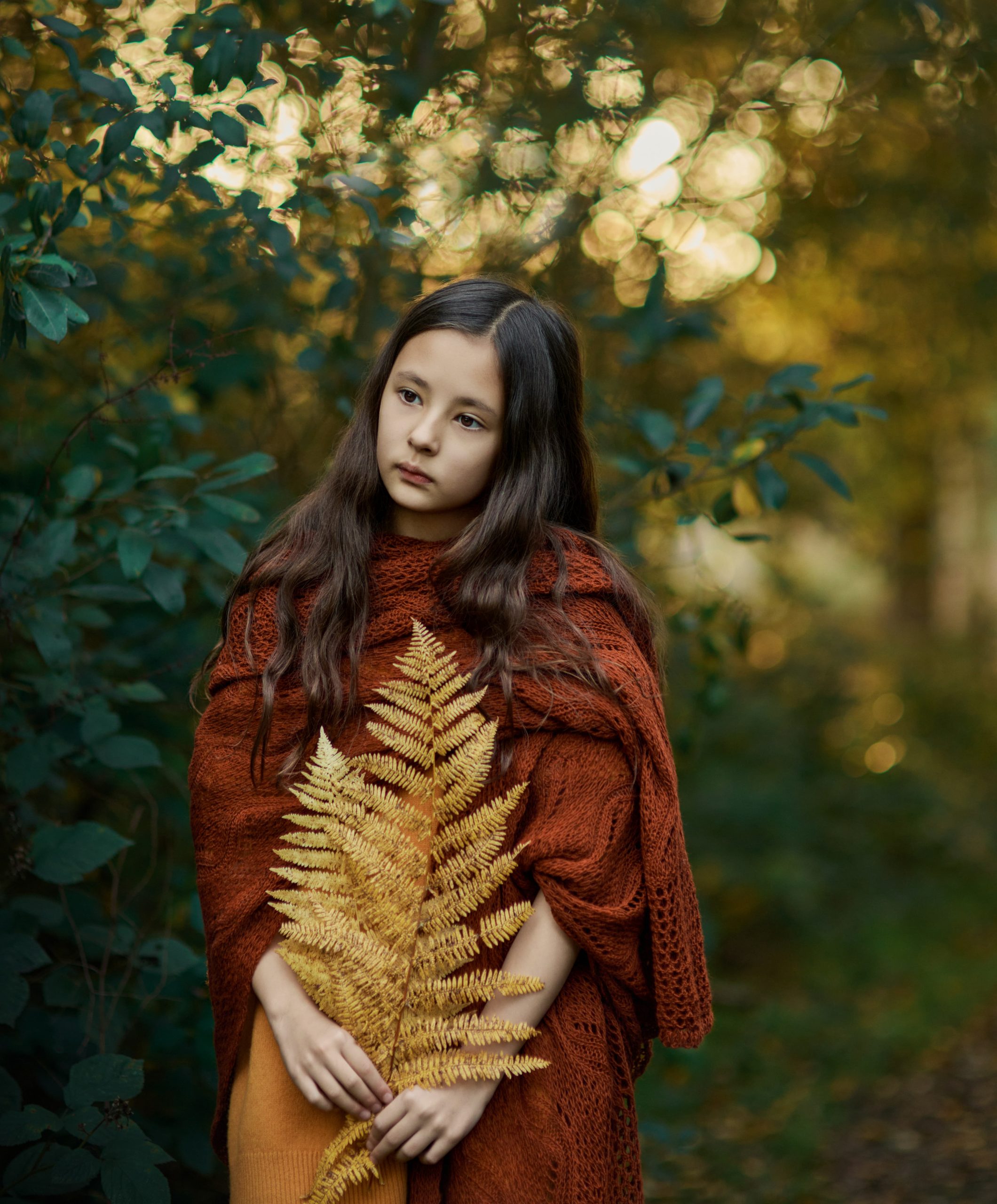 fine-art-child-portrait-fern-autumn-woods-dreamy-fairy-tale Dreamy fine art portrait of a child holding a fern in autumn woods.