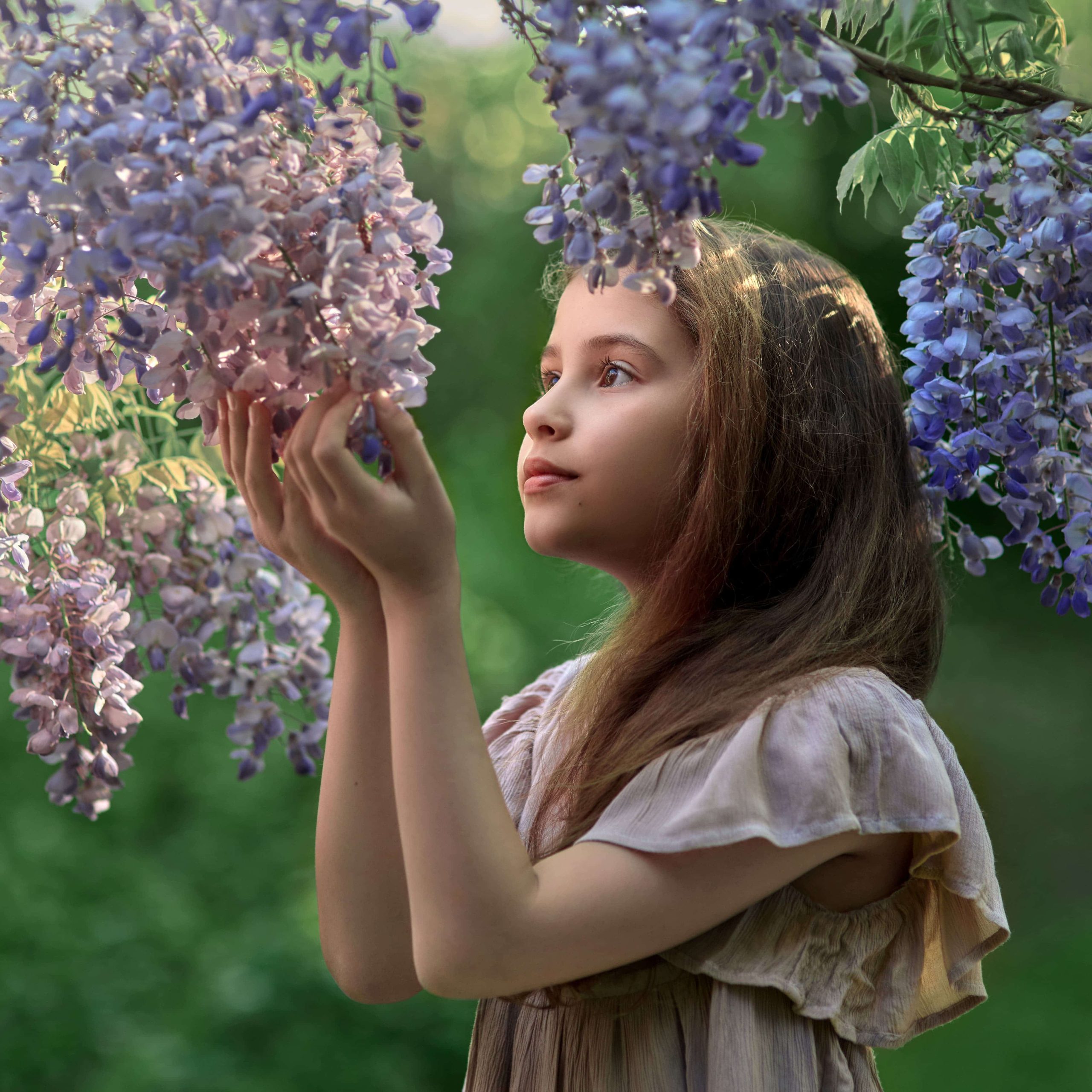 Dreamy fine art portrait of a child with wisteria flowers, fairy tale style, square crop